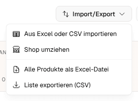 Das Menü Import/Export auf der Produktseite, geöffnet