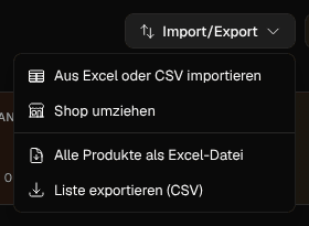 Das Menü Import/Export auf der Produktseite, geöffnet