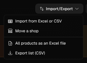 The Import/Export menu on the products page, open