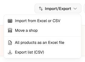 The Import/Export menu on the products page, open