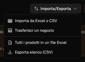 Il menu Importa/Esporta della pagina prodotti, aperto